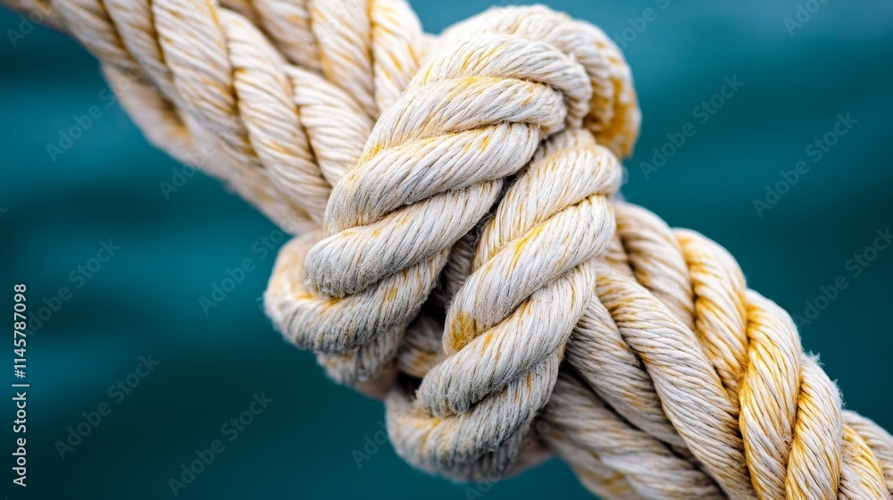 A close-up of a tightly knotted rope against a blurred turquoise background. A close-up of a tightly knotted rope against a blurred turquoise background.