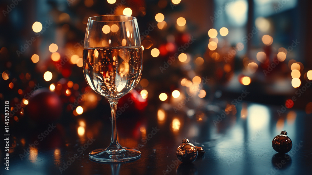 Festive glass of sparkling beverage on table with holiday decorations. Festive glass of sparkling beverage on table with holiday decorations.