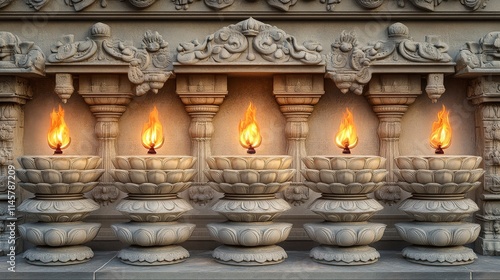 Five ornate stone lamps with burning flames sit below a carved stone arch in a Hindu temple creating a peaceful spiritual atmosphere. photo