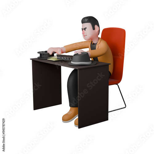 Professional Film Director Cartoon Creative 3D Character. A male director sits with his right hand wanting to take some sheets of paper on the table. Illustration Design