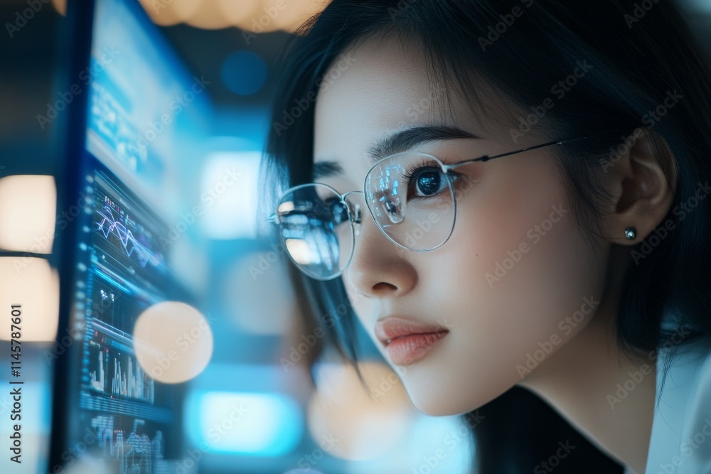 Young woman focused on data analysis in a modern workspace during evening hours Young woman focused on data analysis in a modern workspace during evening hours