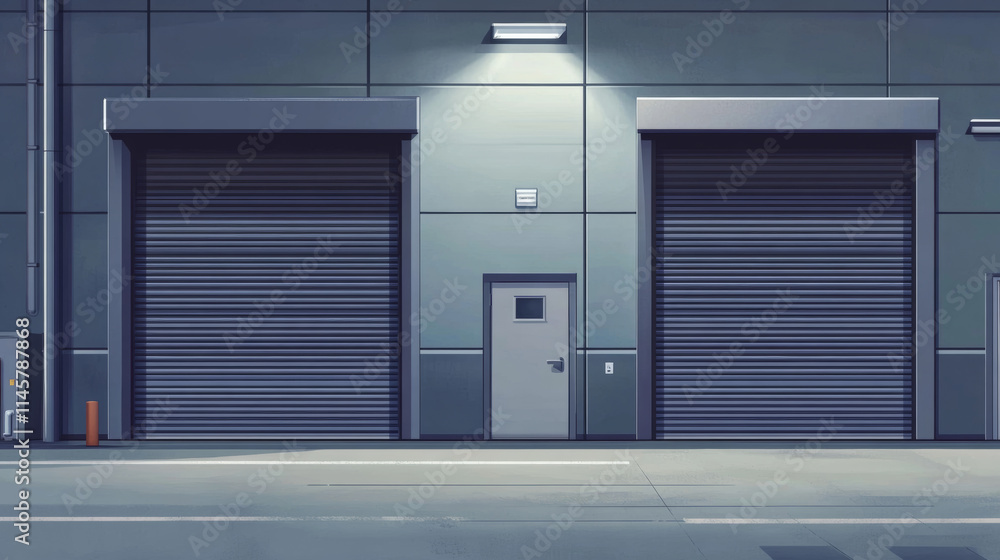 Gate with metal rolling shutter in gray wall. Vector realistic illustration of hallway in commercial garage or warehouse with closed and open roller up blinds. Building facade with automatic doors Gate with metal rolling shutter in gray wall. Vector realistic illustration of hallway in commercial garage or warehouse with closed and open roller up blinds. Building facade with automatic doors
