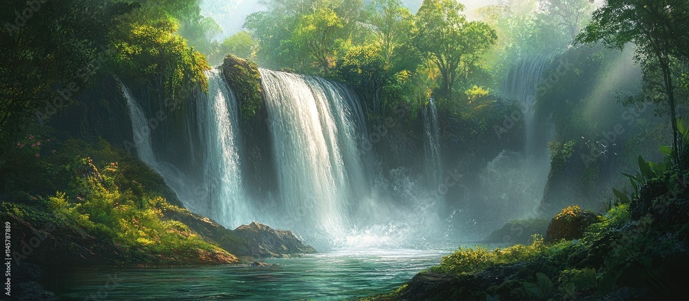 Majestic waterfall cascading through lush green forest environment with vibrant foliage and serene river in tranquil natural setting. Majestic waterfall cascading through lush green forest environment with vibrant foliage and serene river in tranquil natural setting.