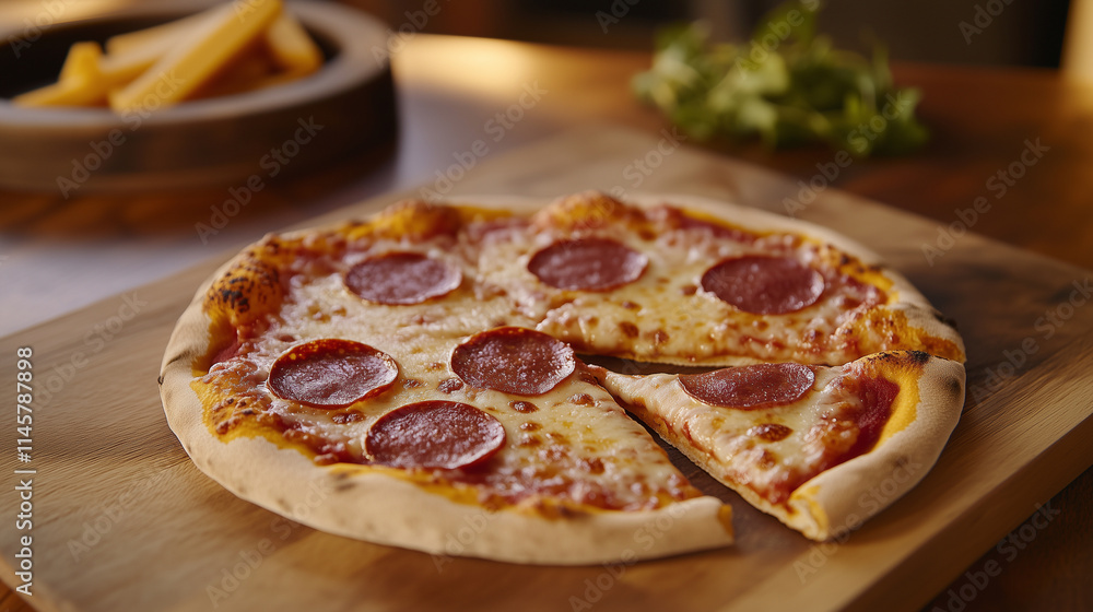Delicious close up of a fresh handmade pepperoni pizza with cheesy slice next to organic ingredients. Realistic photo Delicious close up of a fresh handmade pepperoni pizza with cheesy slice next to organic ingredients. Realistic photo