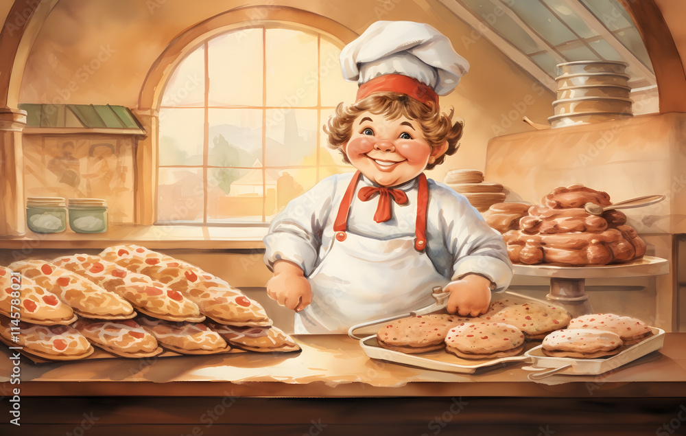 Baker in bakery kitchen wearing chef's hat and uniform, surrounded by food and cooking utensils. Baker in bakery kitchen wearing chef's hat and uniform, surrounded by food and cooking utensils.