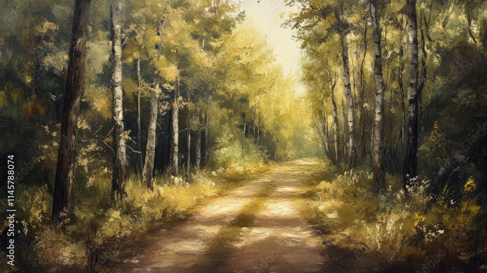 Scenic dirt road winding through a serene forest with vibrant autumn foliage and dappled sunlight illuminating the peaceful landscape.