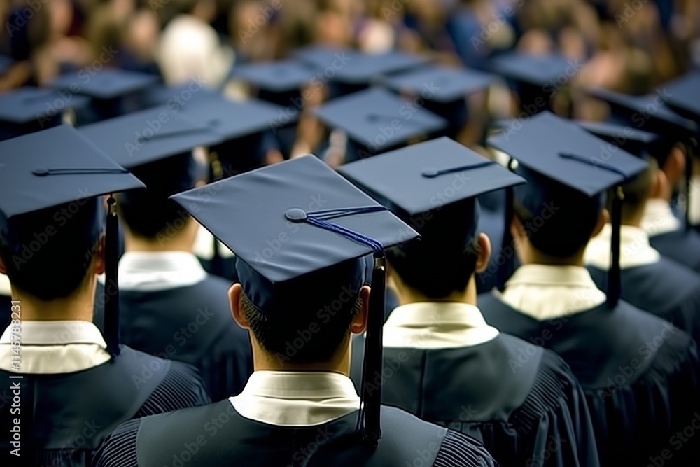 Back view of graduates wearing caps and gowns listening to graduation ceremony speech Back view of graduates wearing caps and gowns listening to graduation ceremony speech