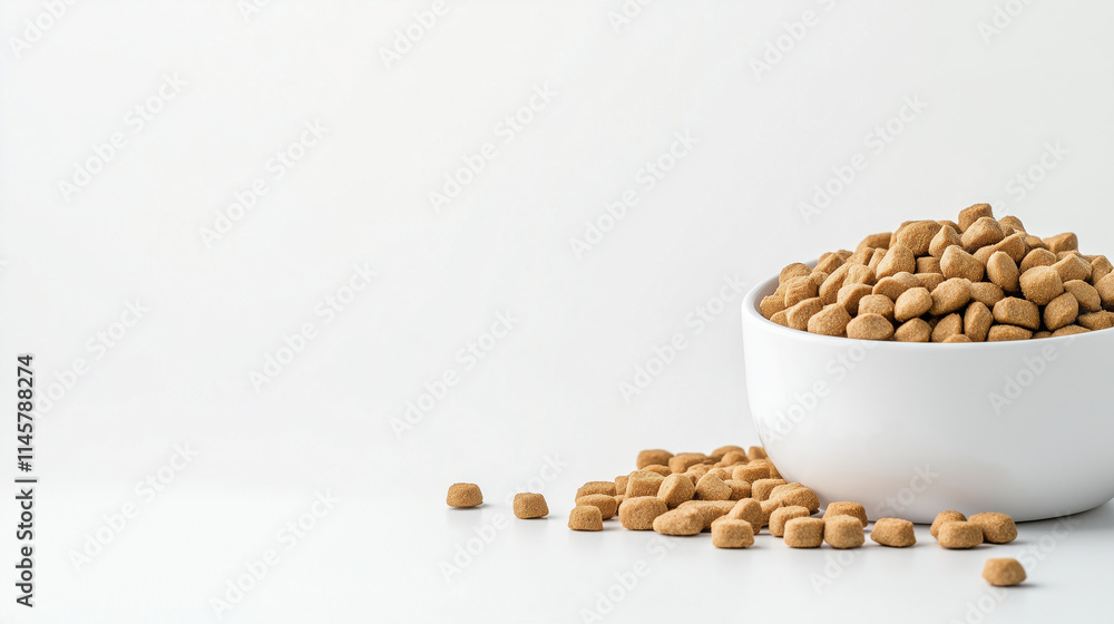 The blank plastic dish and a pile of dry feed for domestic animals are isolated on a white background in this modern mockup. The blank plastic dish and a pile of dry feed for domestic animals are isolated on a white background in this modern mockup.