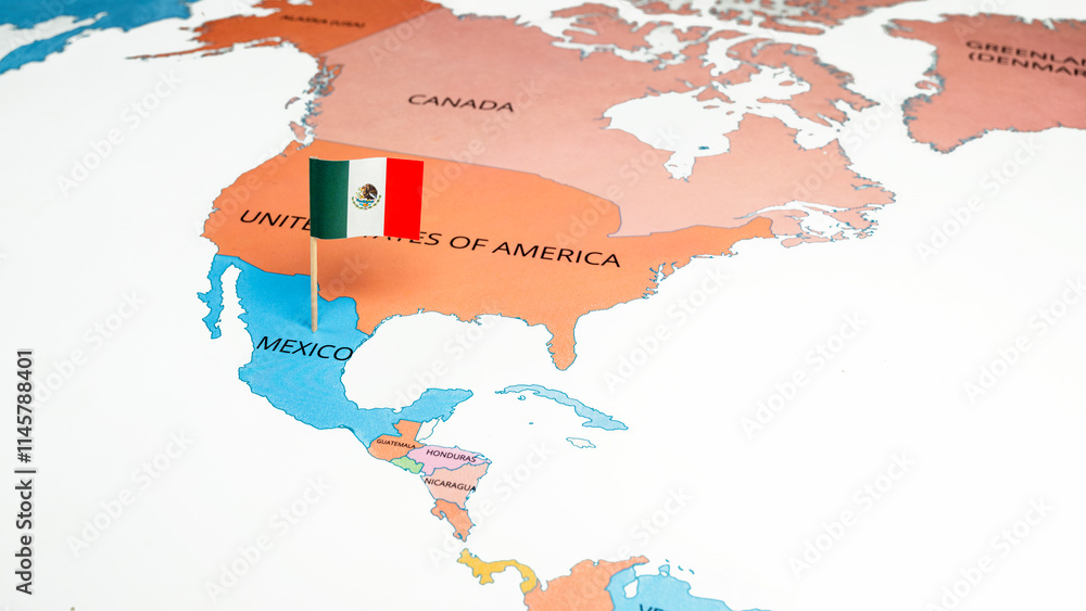 Obraz premium A map of Mexico with the national flag of Mexico on it. The flag is a Vertically striped green-white-red national flag with a central coat of arms
