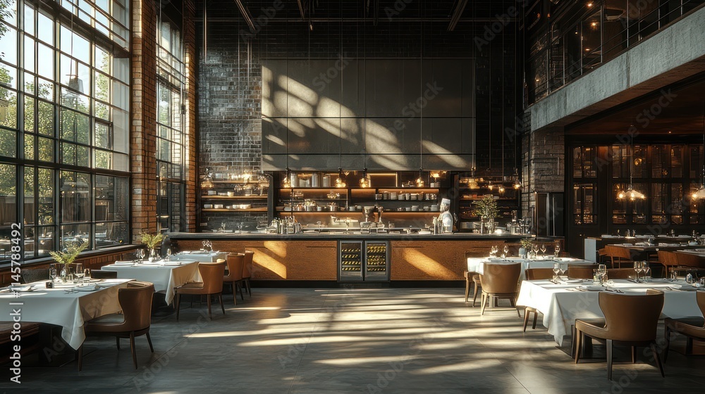Sunlit modern restaurant interior with high ceilings, large windows, exposed brick, and a long bar. Sunlit modern restaurant interior with high ceilings, large windows, exposed brick, and a long bar.