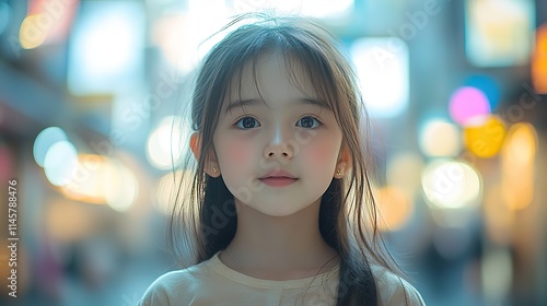 Portrait of an Asian girl in a crowded city street.
