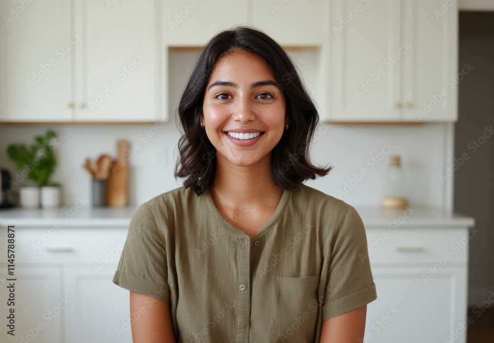 Smiling young woman with dark hair in modern kitchen setting Smiling young woman with dark hair in modern kitchen setting
