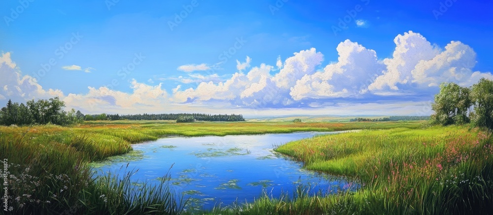 Spring landscape with melting snow creating a serene pond surrounded by green meadows under a bright blue sky and fluffy white clouds. Spring landscape with melting snow creating a serene pond surrounded by green meadows under a bright blue sky and fluffy white clouds.