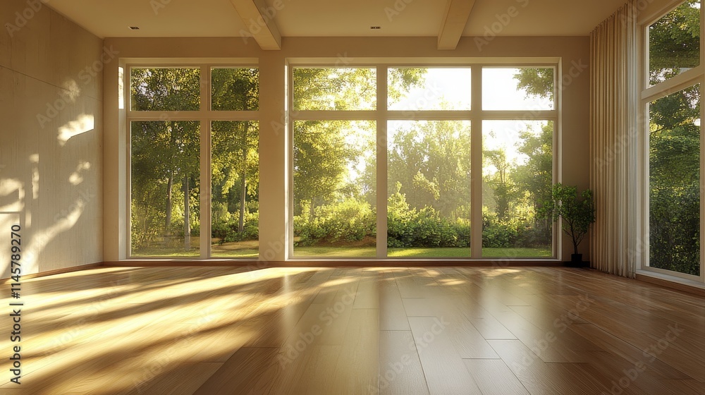 Fototapeta premium Spacious Sunlit Living Room with Bare Walls and Large Windows