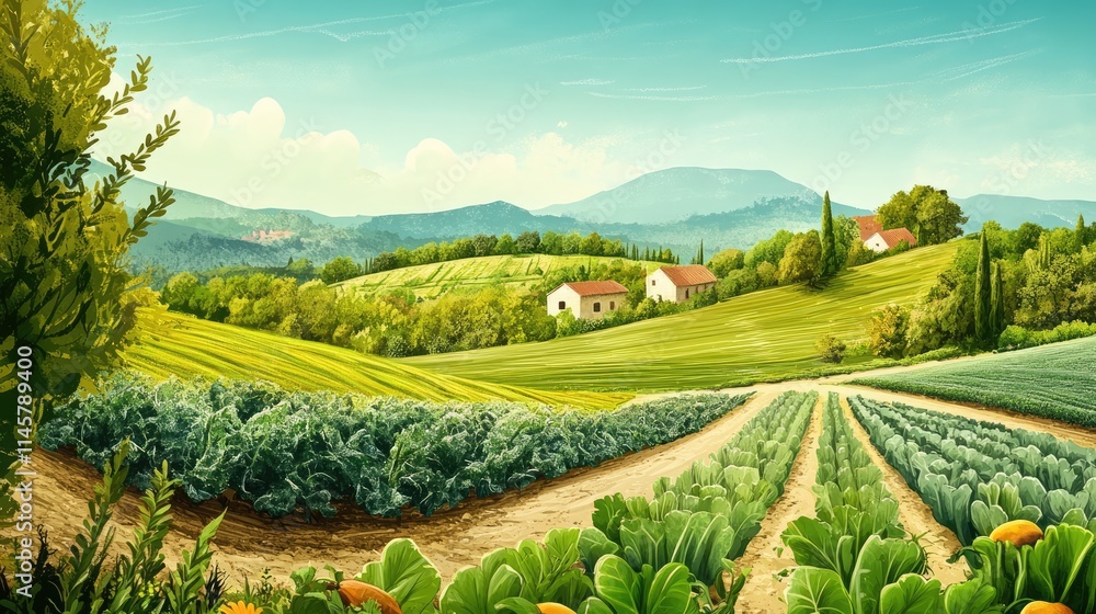Scenic countryside landscape with vibrant organic vegetable fields and rolling hills under a clear blue sky Scenic countryside landscape with vibrant organic vegetable fields and rolling hills under a clear blue sky