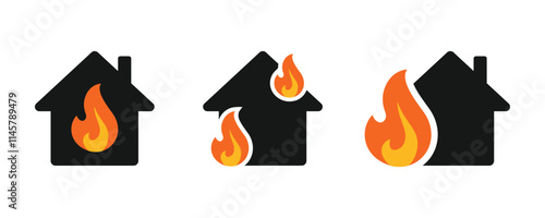 House on Fire icon. House building in flames illustration sign. Insurance symbol. House with fire symbol icon set. Vector illustrator