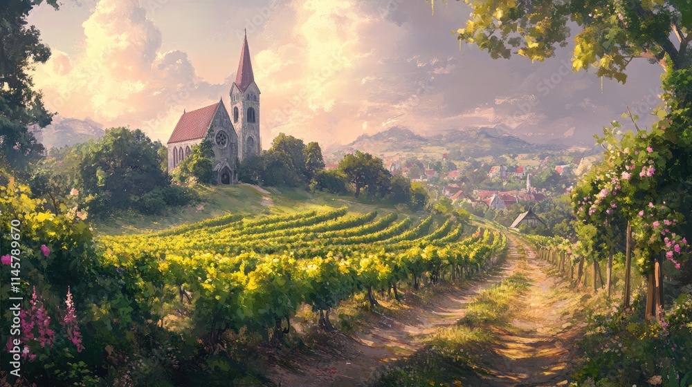 Naklejka premium Countryside Vineyard Landscape with Church and Rolling Hills Under Dramatic Sky