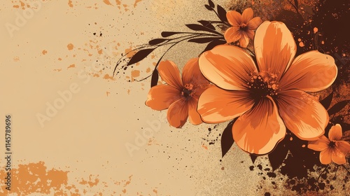 A vibrant floral design featuring orange flower, background and abstract, background, banner splashes on a beige background.