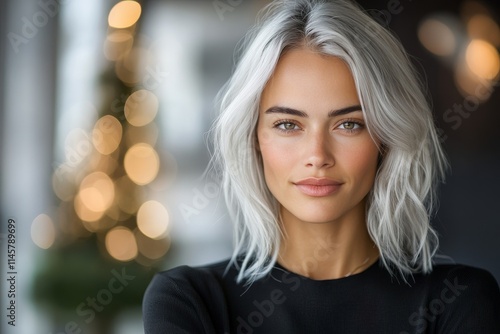 Woman with silver hair poses confidently in a softly lit modern setting during the evening hours