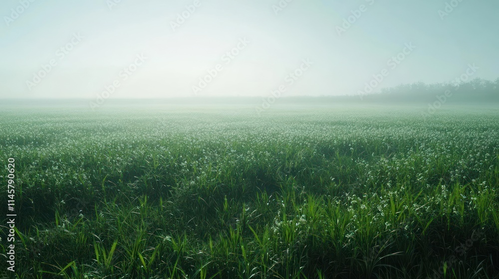 A serene foggy landscape featuring lush green grass under a soft, muted light. A serene foggy landscape featuring lush green grass under a soft, muted light.