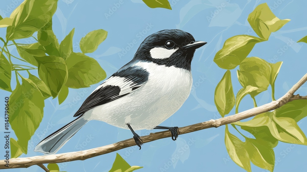 A colorful bird perched on a branch surrounded by green leaves against a blue background. A colorful bird perched on a branch surrounded by green leaves against a blue background.
