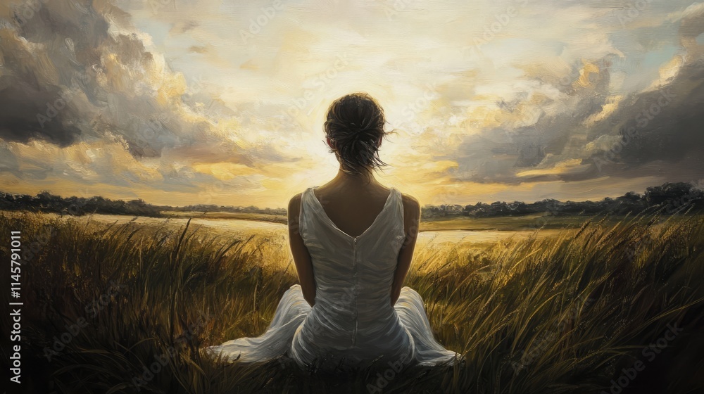 Contemplative woman in white dress sitting in grass at sunset, embracing nature's beauty and tranquility by the water's edge. Contemplative woman in white dress sitting in grass at sunset, embracing nature's beauty and tranquility by the water's edge.