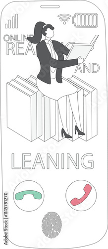 Online reading, online learning, businesswoman sitting on the phone and reading
