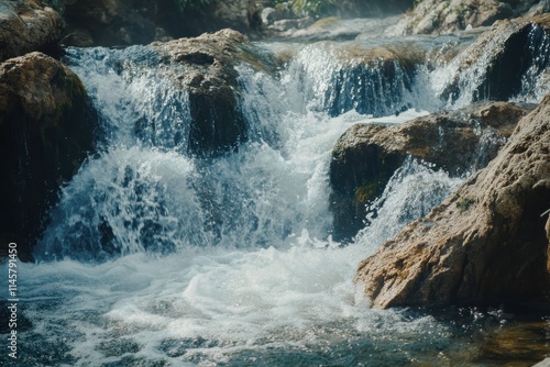 Stunning Clear Waterfall Cascading Over Jagged Rocks Perfect for Nature and Adventure Themes