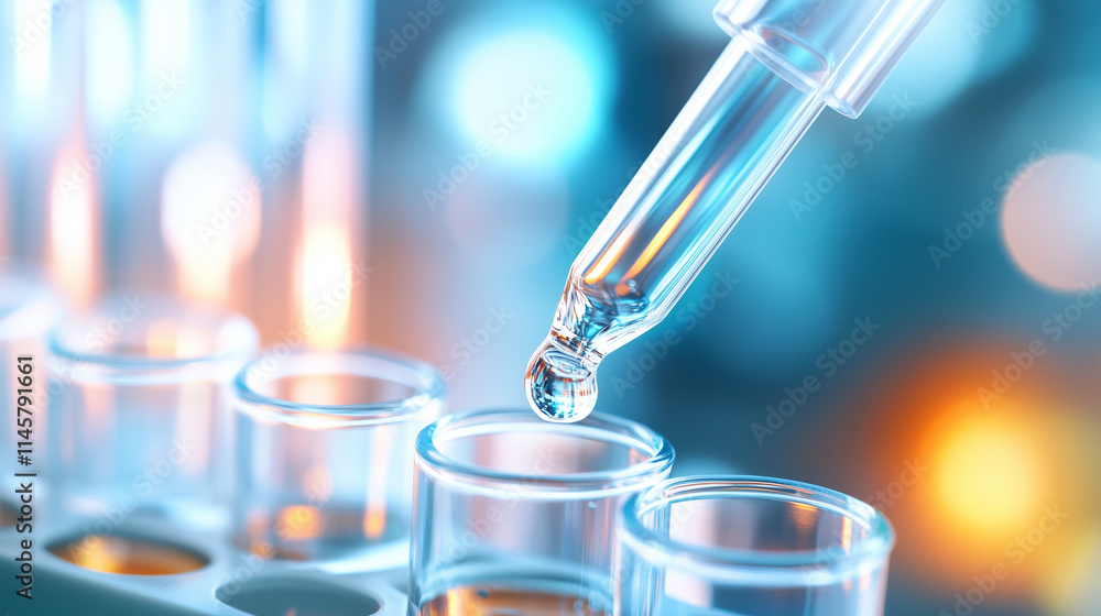 Close-up of chemical dropper dispensing liquid into sterile test tube in modern microbiological biotechnology research laboratory environment Close-up of chemical dropper dispensing liquid into sterile test tube in modern microbiological biotechnology research laboratory environment