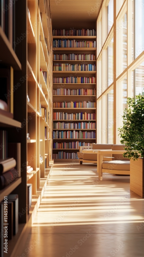 Modern library or bookstore interior with Learning and coworking space,relax zone,Library with rows of bookshelves arranged,school,university,shared desk and chairs,panoramic window. Modern library or bookstore interior with Learning and coworking space,relax zone,Library with rows of bookshelves arranged,school,university,shared desk and chairs,panoramic window.