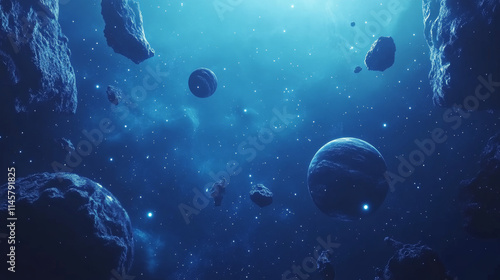 Fototapeta Naklejka Na Ścianę i Meble -  Blue outer space background with stars and nebula, neon glowing planets with orbit and falling asteroids. Cartoon vector illustration of cosmos bg with celestial bodies. Fantasy astronomy backdrop.