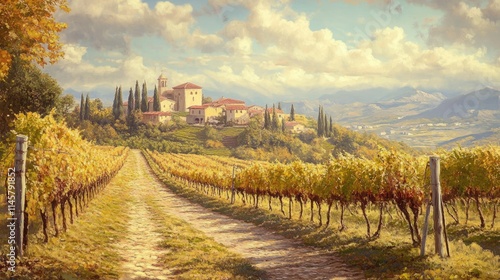 Vineyard Landscape with Charming Village Nestled in a Lush Valley Under a Scenic Sky photo