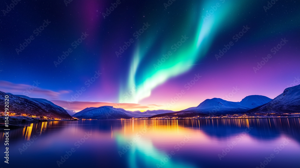 A breathtaking view of the Northern Lights illuminating the sky, perfectly mirrored in the tranquil waters between two majestic fjords in Tromsø A breathtaking view of the Northern Lights illuminating the sky, perfectly mirrored in the tranquil waters between two majestic fjords in Tromsø