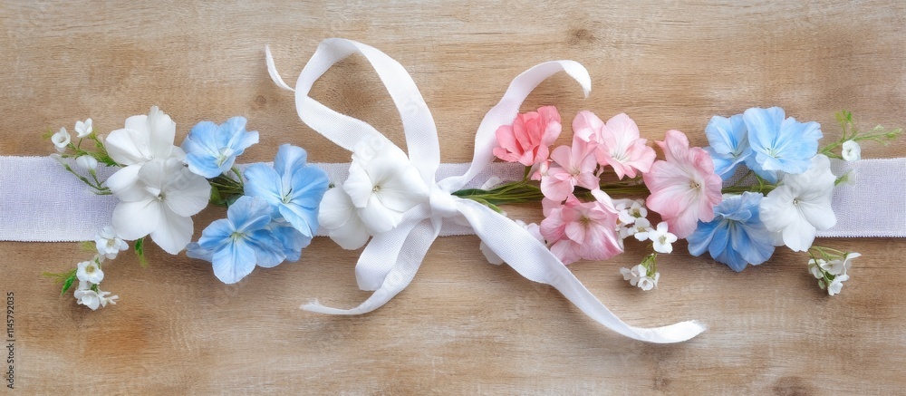 Delicate arrangement of white blue and pink flowers with ribbon on wooden surface flat lay floral design ideal for invitations or events Delicate arrangement of white blue and pink flowers with ribbon on wooden surface flat lay floral design ideal for invitations or events