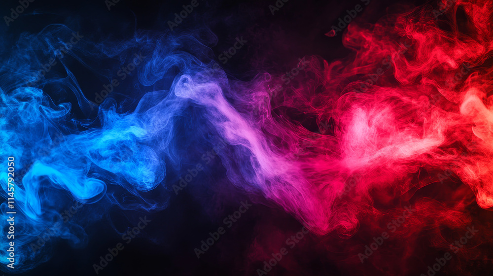 Obraz premium Blue vs red smoke effect black vector background. Abstract neon flame cloud with dust cold versus hot concept. Sport boxing battle competition fog transparent wallpaper design. Police digital banner
