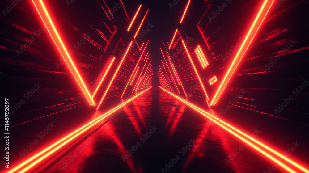 Abstract red neon light arrow speed background. Futuristic glow tech gamer graphic for banner. Fast move cyber casino design with yellow led beam. 3d triangle perspective dynamic digital party bg.