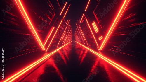 Obraz na płótnie Abstract red neon light arrow speed background. Futuristic glow tech gamer graphic for banner. Fast move cyber casino design with yellow led beam. 3d triangle perspective dynamic digital party bg. w salonie