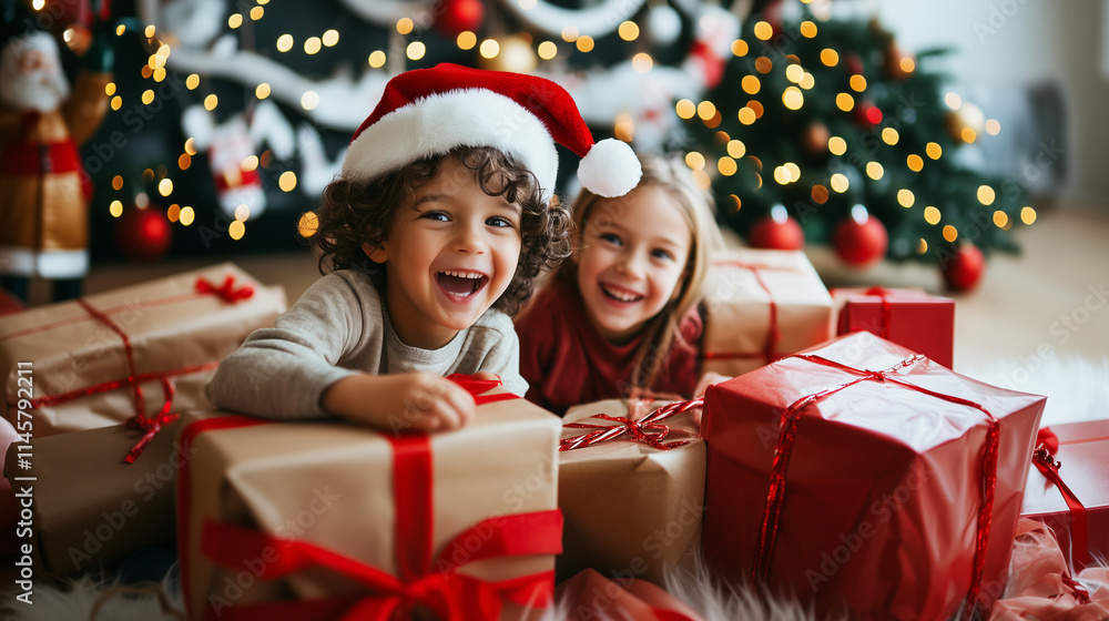 Joyful kids with wide smiles, sitting amidst a pile of festive Christmas presents, ready to open their surprises. Joyful kids with wide smiles, sitting amidst a pile of festive Christmas presents, ready to open their surprises.