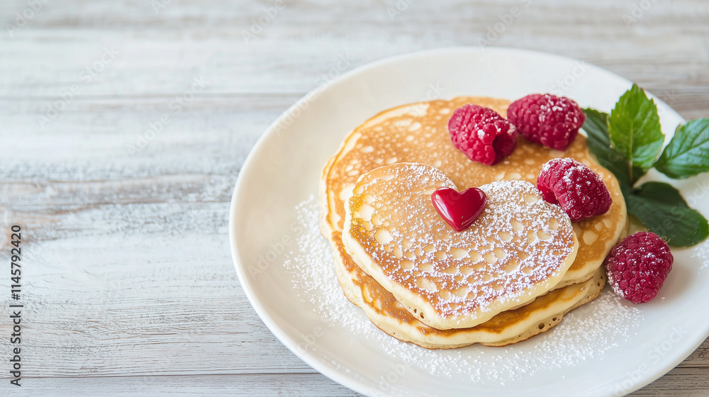 Heartfelt Pancakes: A delightful stack of fluffy pancakes, shaped like a heart and adorned with fresh raspberries and powdered sugar, sits on a rustic wooden table. Perfect for Valentine's Day. Heartfelt Pancakes: A delightful stack of fluffy pancakes, shaped like a heart and adorned with fresh raspberries and powdered sugar, sits on a rustic wooden table. Perfect for Valentine's Day.