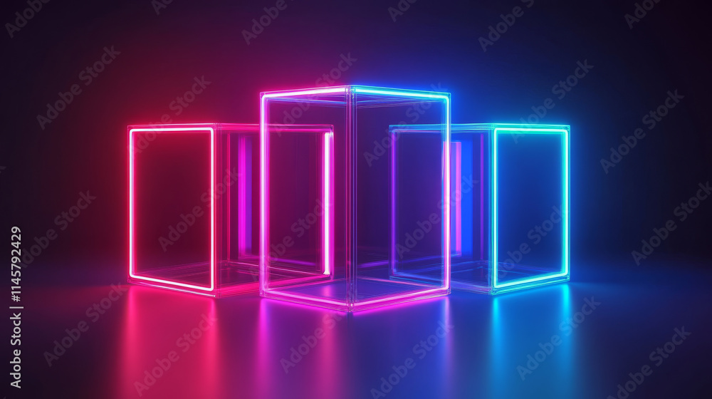 Plastic or glass cubes glowing with neon light in different angle view, clear square box, crystal block, aquarium or exhibit podium, isolated glossy geometric objects, Realistic 3d vector illustration Plastic or glass cubes glowing with neon light in different angle view, clear square box, crystal block, aquarium or exhibit podium, isolated glossy geometric objects, Realistic 3d vector illustration