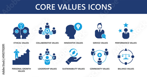 core values themed icon collection, solid icons, minimalist design.