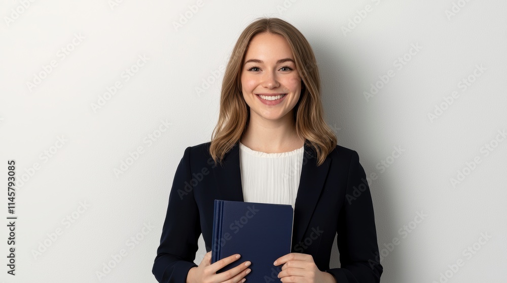 Smiling young woman in business attire holding a notebook and smiling Smiling young woman in business attire holding a notebook and smiling