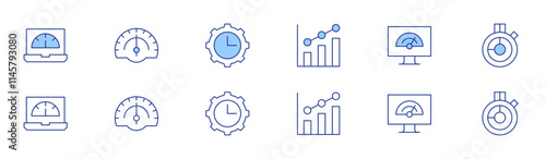 Performance icon set in two styles, Duotone and Thin Line style. Editable stroke. growth, optimization, performance, speed, speedometer, time