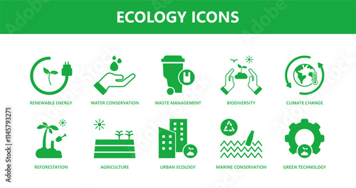 ecology themed icon collection, solid icons, minimalist design.