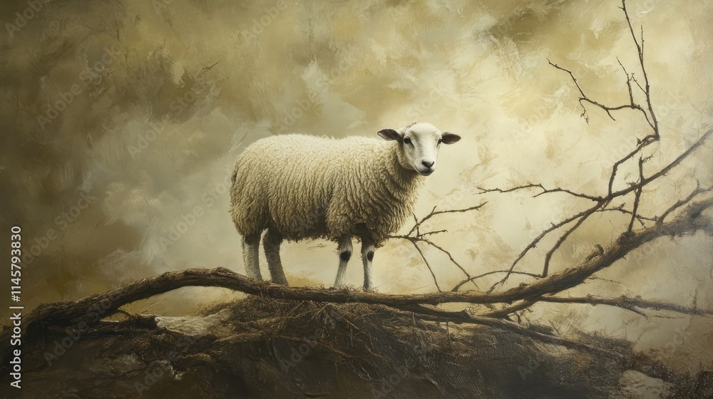 Fototapeta premium Sheep standing on a hill with a branch in a moody landscape showcasing nature and tranquility.