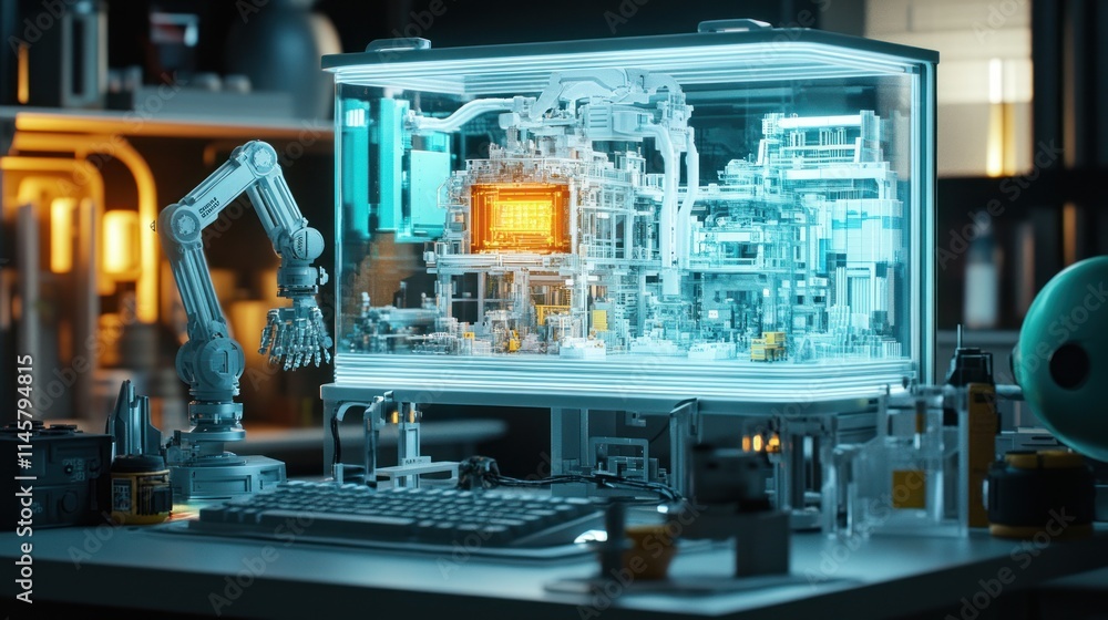 Futuristic computer with internal factory and robotic arm on desk. Futuristic computer with internal factory and robotic arm on desk.