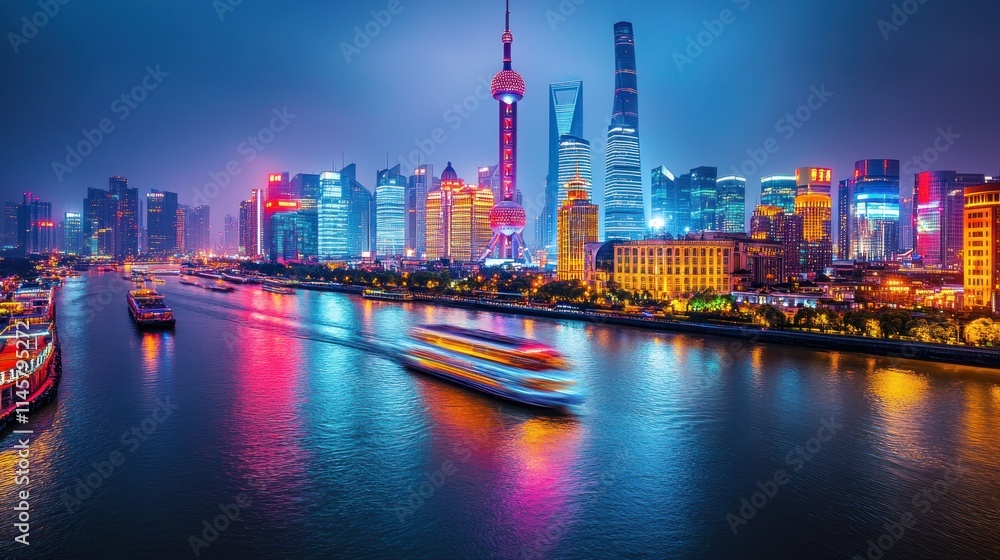 Fototapeta premium Night view of Shanghai skyline with illuminated skyscrapers and boats on river.