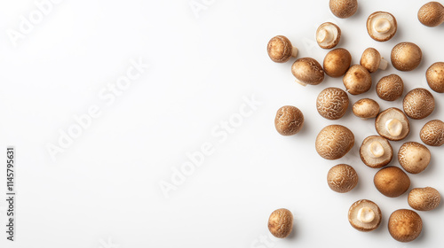 Fresh shiitake mushrooms scattered on a white surface display their unique shapes and textures while showcasing natural earthy tones photo