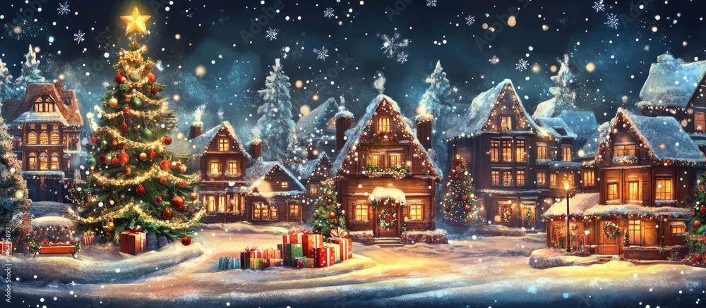 Charming winter village scene with snow-covered houses and a decorated Christmas tree perfect for festive greeting cards and wallpapers. Charming winter village scene with snow-covered houses and a decorated Christmas tree perfect for festive greeting cards and wallpapers.