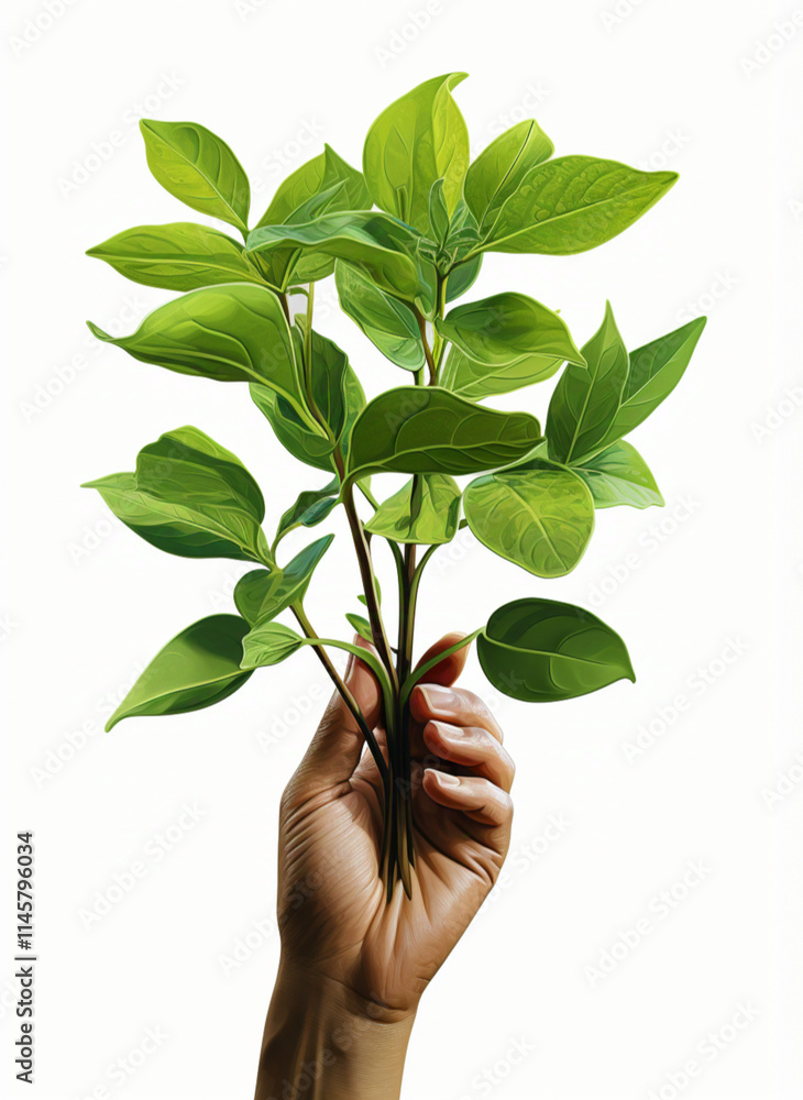 Hand with a green sprout, vector illustration on a white background, simple design, high resolution, no shadows